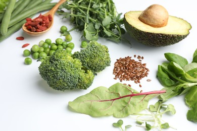 Photo of Superfood. Different healthy products on white background, closeup