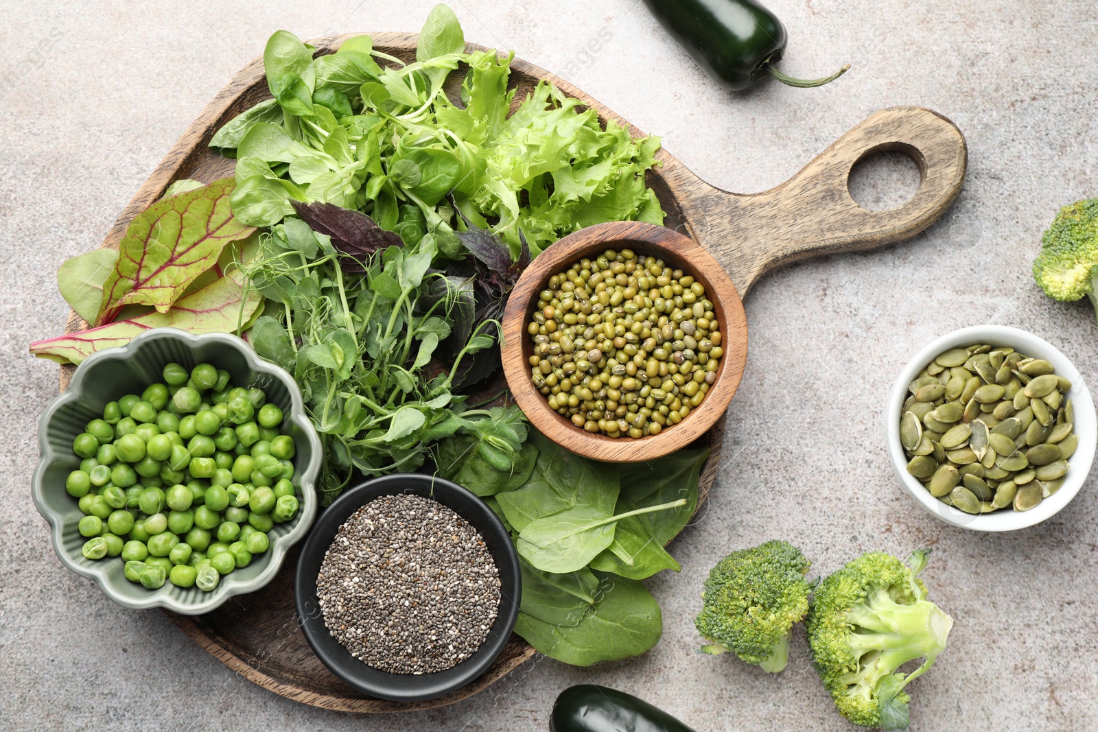 Photo of Superfood. Different healthy products on light grey table, flat lay