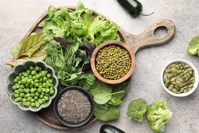Photo of Superfood. Different healthy products on light grey table, flat lay