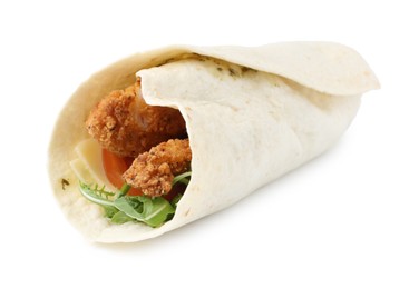 Photo of One delicious wrap with arugula and deep fried chicken isolated on white. Tasty fast food