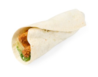 Photo of One delicious wrap with arugula and deep fried chicken isolated on white. Tasty fast food