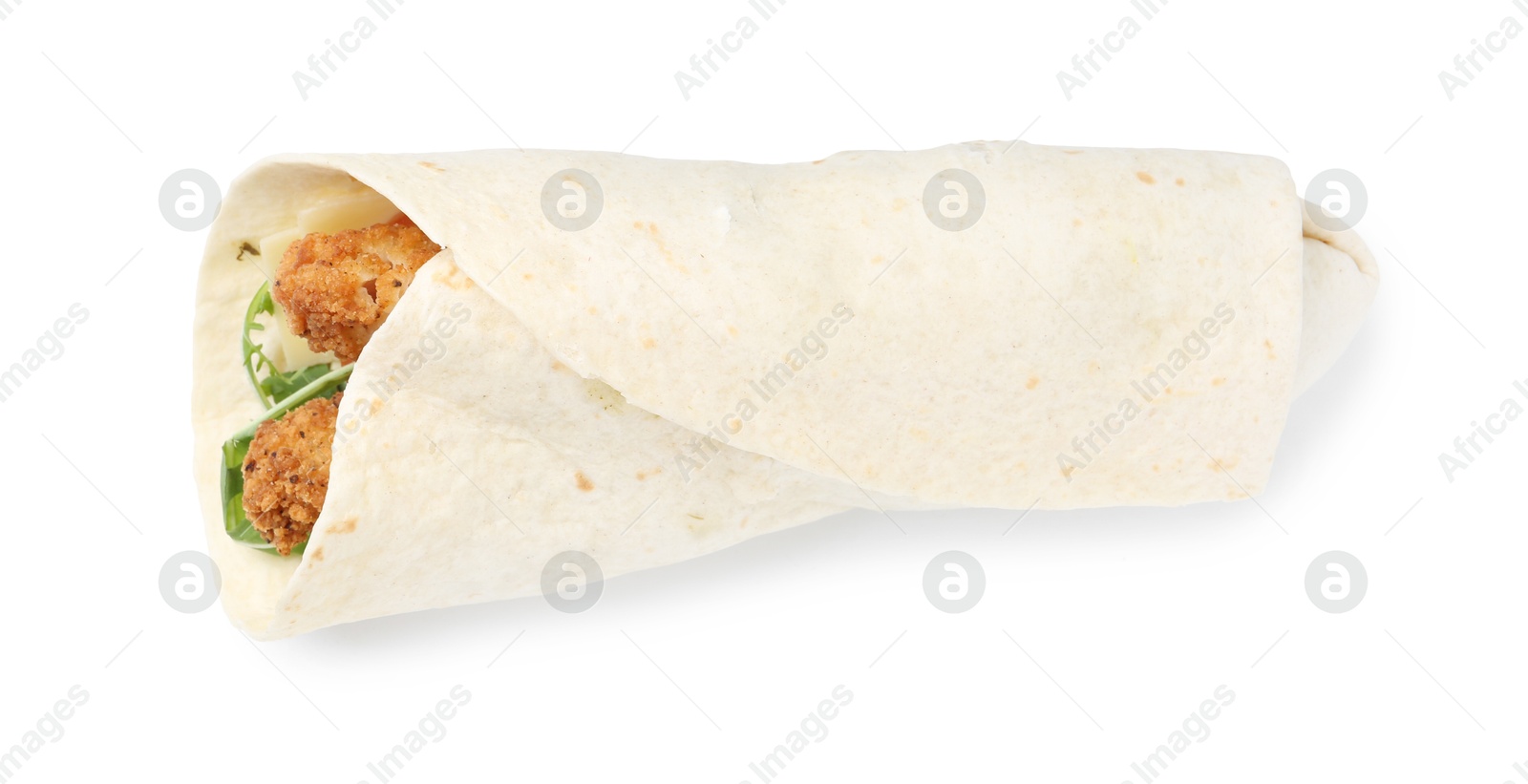 One delicious wrap with arugula and deep fried chicken isolated on white, top view. Tasty fast food Photo of One delicious wrap with arugula and deep fried chicken isolated on white, top view. Tasty fast food