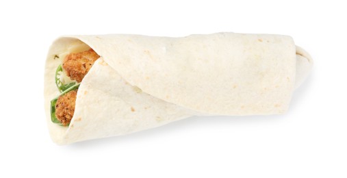 Photo of One delicious wrap with arugula and deep fried chicken isolated on white, top view. Tasty fast food