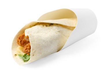 Photo of One delicious wrap with arugula and deep fried chicken in takeaway package isolated on white. Tasty fast food