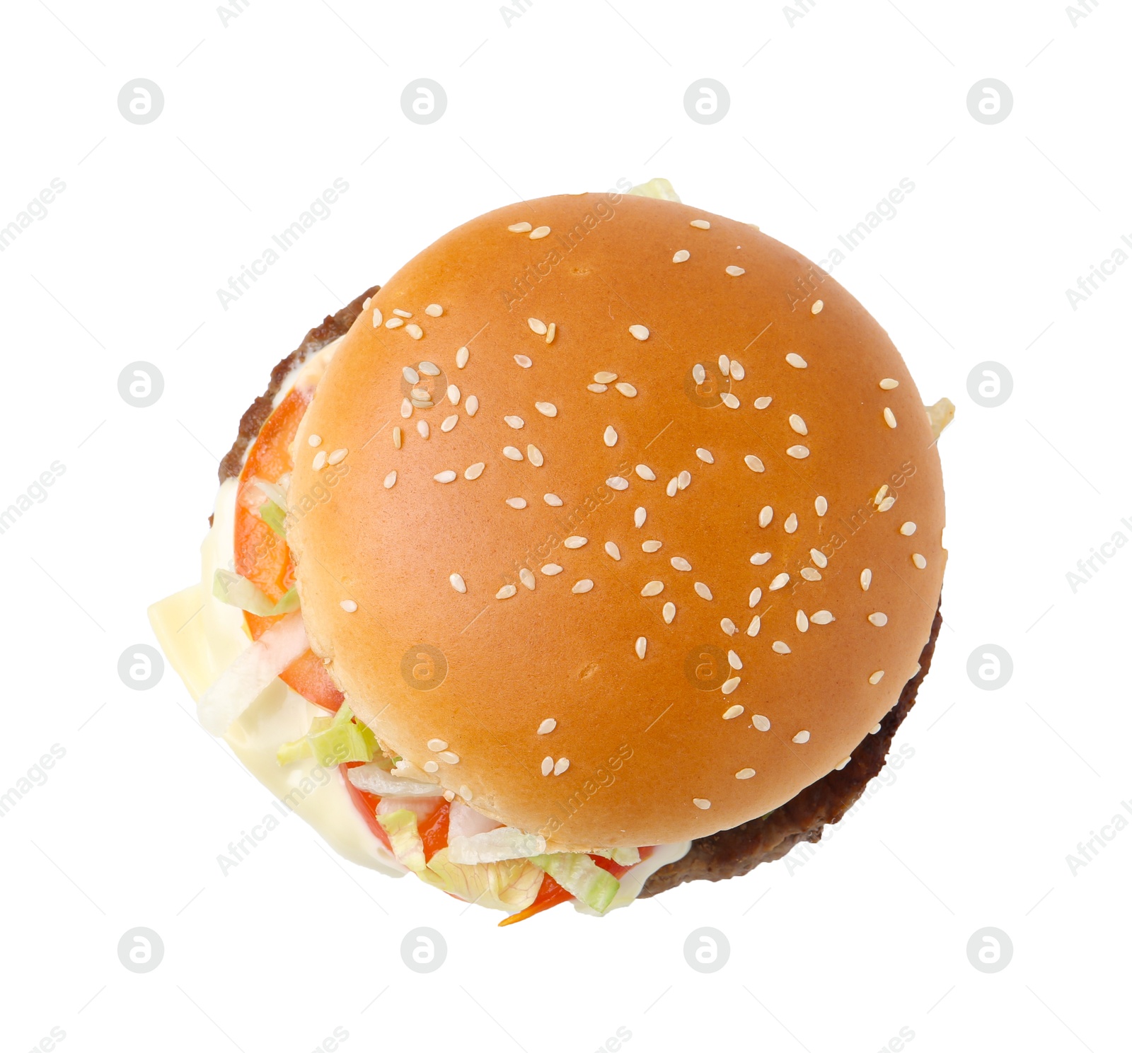 One delicious burger with cheese, tomato, lettuce and patty isolated on white, top view. Tasty fast food Photo of One delicious burger with cheese, tomato, lettuce and patty isolated on white, top view. Tasty fast food