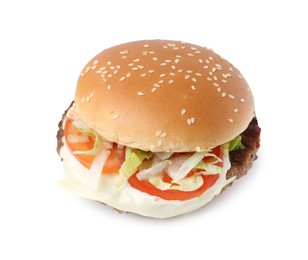 Photo of One delicious burger with cheese, tomato, lettuce and patty isolated on white. Tasty fast food