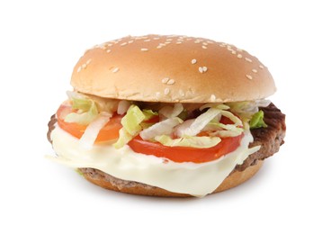 Photo of One delicious burger with cheese, tomato, lettuce and patty isolated on white. Tasty fast food