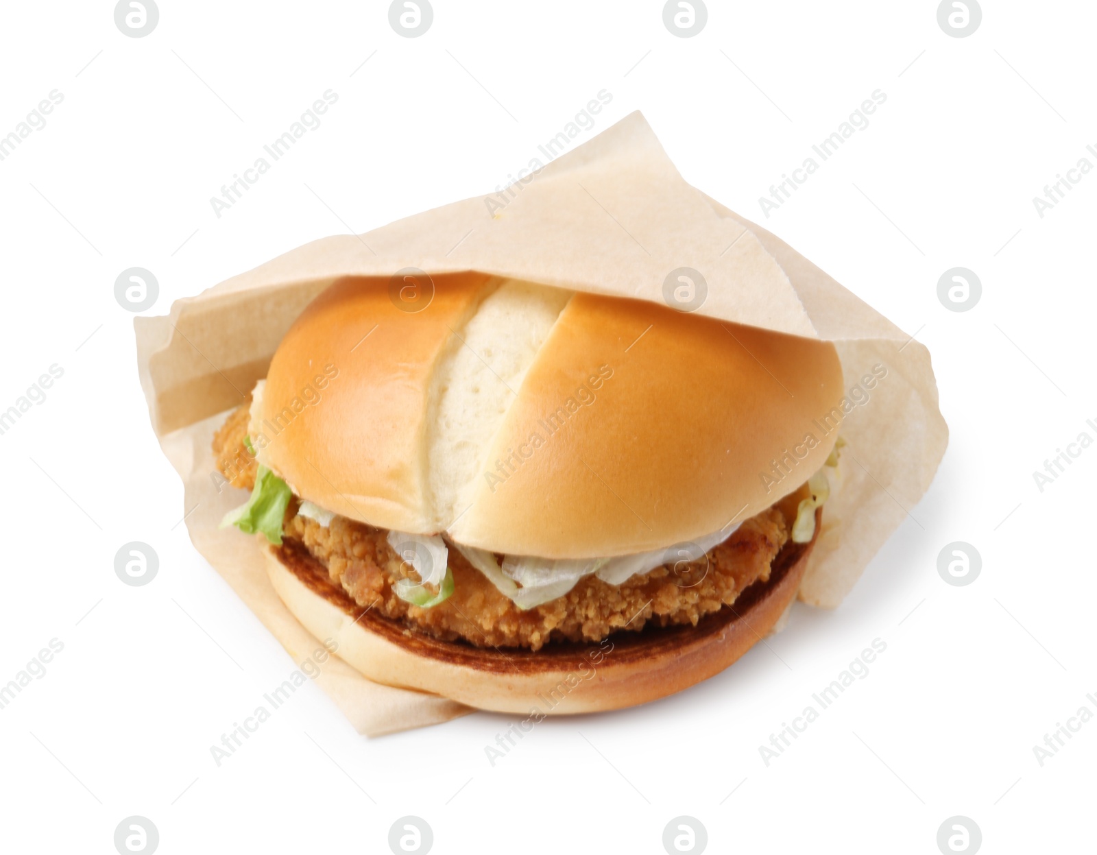 One delicious burger with lettuce and deep fried patty in takeaway package isolated on white. Tasty fast food Photo of One delicious burger with lettuce and deep fried patty in takeaway package isolated on white. Tasty fast food