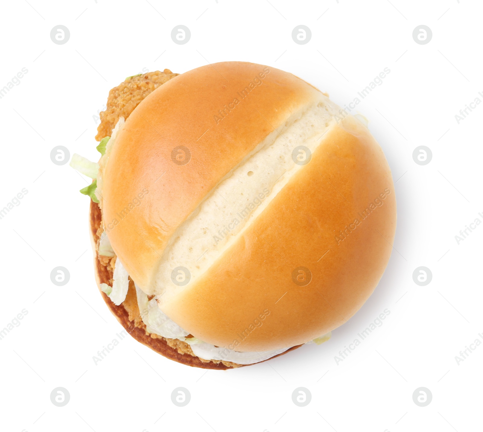 One delicious burger with lettuce and deep fried patty isolated on white, top view. Tasty fast food Photo of One delicious burger with lettuce and deep fried patty isolated on white, top view. Tasty fast food