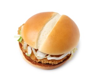 Photo of One delicious burger with lettuce and deep fried patty isolated on white. Tasty fast food