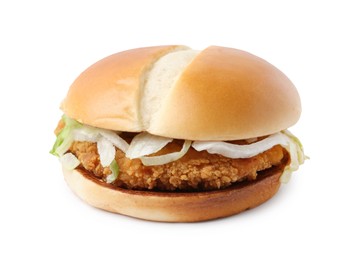 Photo of One delicious burger with lettuce and deep fried patty isolated on white. Tasty fast food