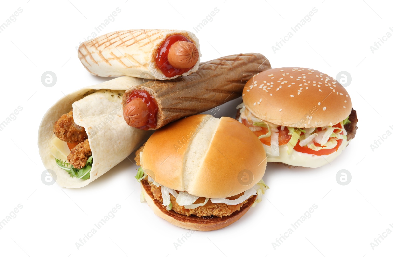 Delicious burgers, hot dogs and wrap isolated on white. Tasty fast food Photo of Delicious burgers, hot dogs and wrap isolated on white. Tasty fast food