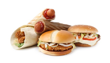 Photo of Delicious burgers, hot dogs and wrap isolated on white. Tasty fast food