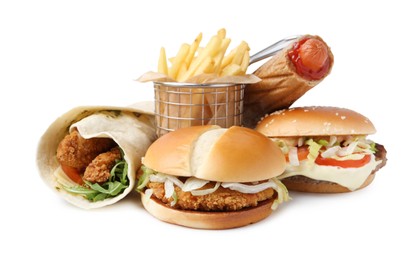 Photo of Delicious burgers, French fries, hot dog and wrap isolated on white. Tasty fast food