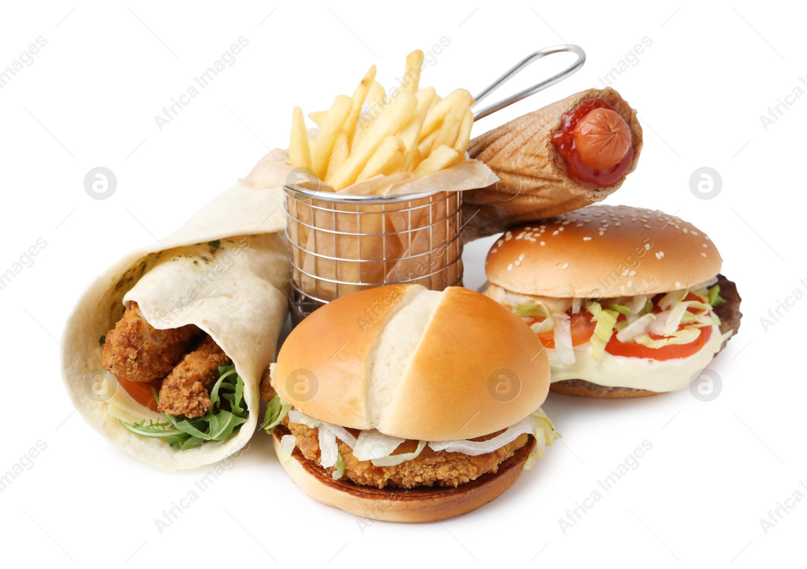 Delicious burgers, French fries, hot dog and wrap isolated on white. Tasty fast food Photo of Delicious burgers, French fries, hot dog and wrap isolated on white. Tasty fast food