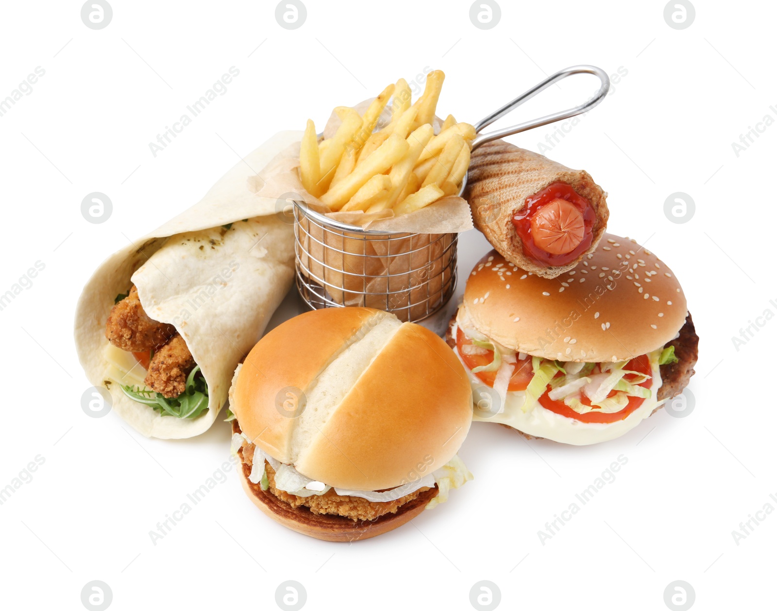 Delicious burgers, French fries, hot dog and wrap isolated on white. Tasty fast food Photo of Delicious burgers, French fries, hot dog and wrap isolated on white. Tasty fast food