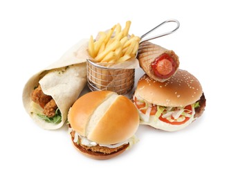 Photo of Delicious burgers, French fries, hot dog and wrap isolated on white. Tasty fast food