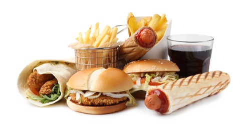 Photo of Different delicious fast food and cola isolated on white