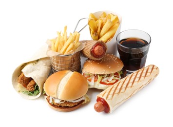 Photo of Different delicious fast food and cola isolated on white