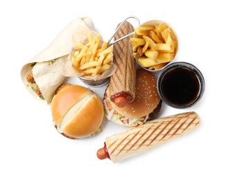 Photo of Different delicious fast food and cola isolated on white, top view