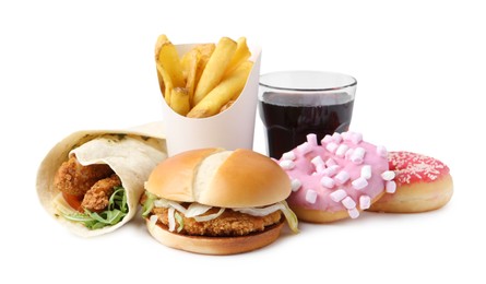 Photo of Different delicious fast food and cola isolated on white