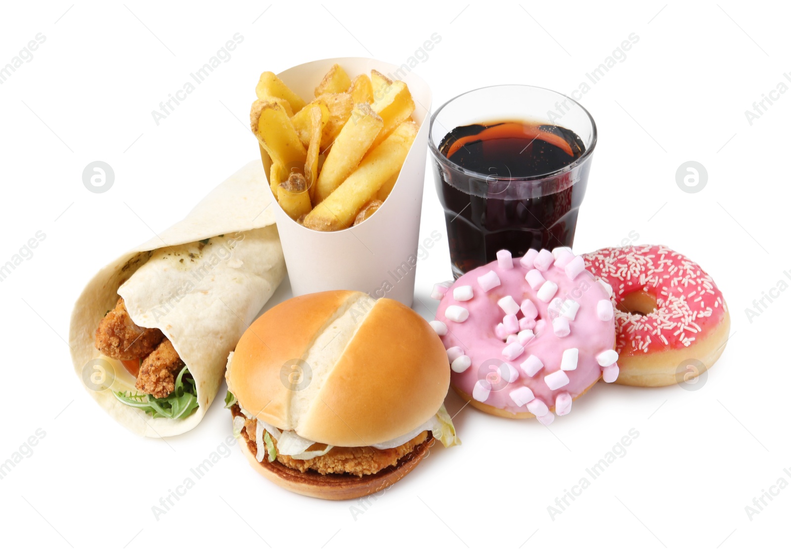 Different delicious fast food and cola isolated on white Photo of Different delicious fast food and cola isolated on white