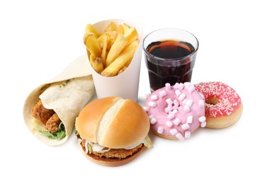 Photo of Different delicious fast food and cola isolated on white