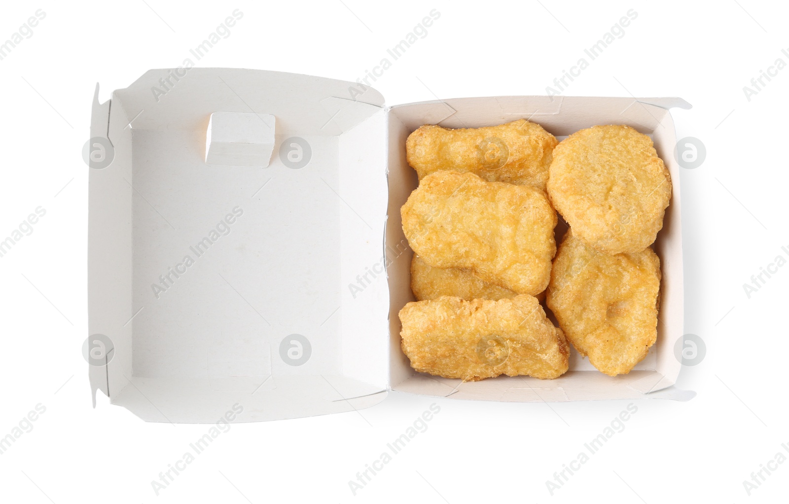 Delicious nuggets in takeaway package isolated on white, top view. Tasty fast food Photo of Delicious nuggets in takeaway package isolated on white, top view. Tasty fast food