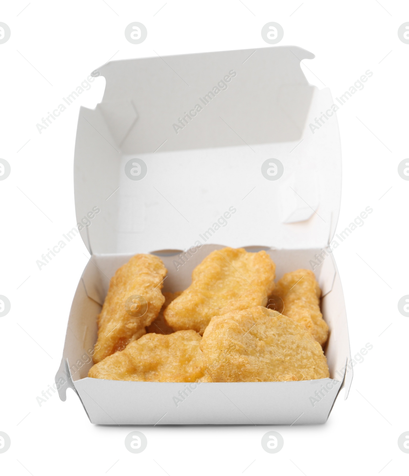 Delicious nuggets in takeaway package isolated on white. Tasty fast food Photo of Delicious nuggets in takeaway package isolated on white. Tasty fast food