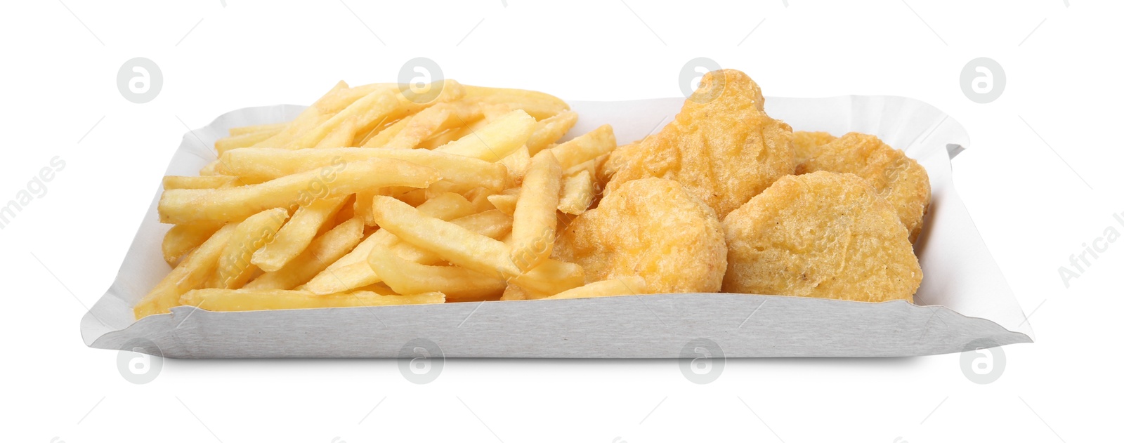 Delicious nuggets and French fries in takeaway package isolated on white. Tasty fast food Photo of Delicious nuggets and French fries in takeaway package isolated on white. Tasty fast food