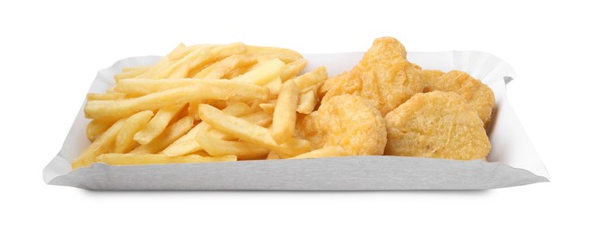 Photo of Delicious nuggets and French fries in takeaway package isolated on white. Tasty fast food