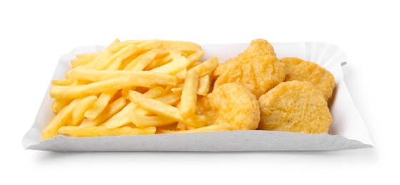 Photo of Delicious nuggets and French fries in takeaway package isolated on white. Tasty fast food