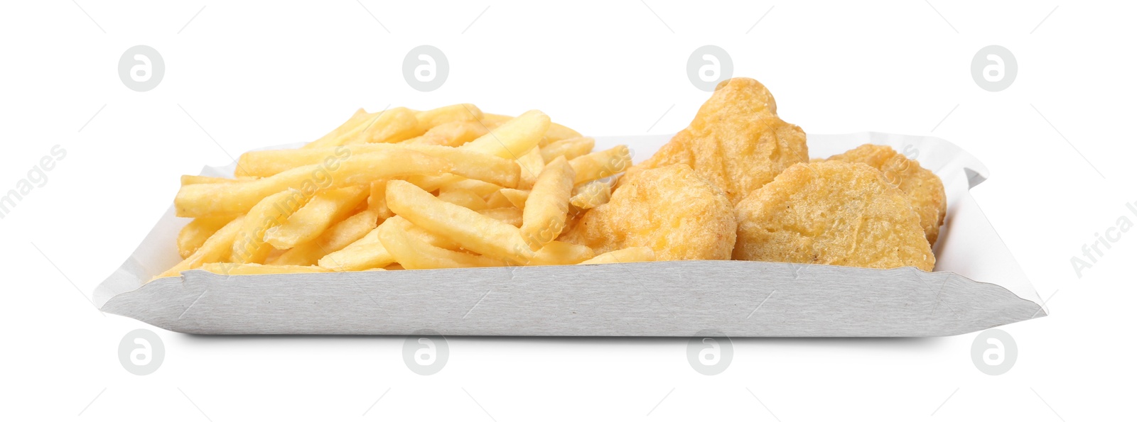 Delicious nuggets and French fries in takeaway package isolated on white. Tasty fast food Photo of Delicious nuggets and French fries in takeaway package isolated on white. Tasty fast food