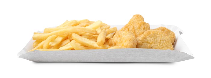 Photo of Delicious nuggets and French fries in takeaway package isolated on white. Tasty fast food