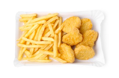 Photo of Delicious nuggets and French fries in takeaway package isolated on white, top view. Tasty fast food