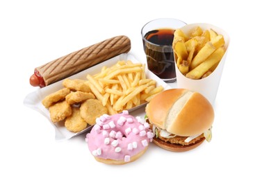 Photo of Different delicious fast food and cola isolated on white