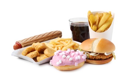 Photo of Different delicious fast food and cola isolated on white