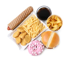Photo of Different delicious fast food and cola isolated on white, top view
