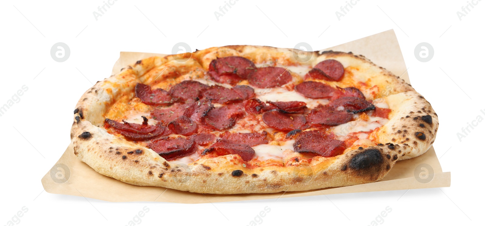 Delicious pizza with melted cheese and sausages isolated on white. Tasty fast food Photo of Delicious pizza with melted cheese and sausages isolated on white. Tasty fast food