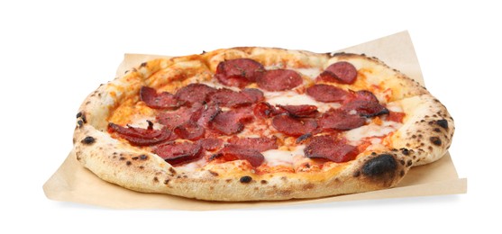 Photo of Delicious pizza with melted cheese and sausages isolated on white. Tasty fast food