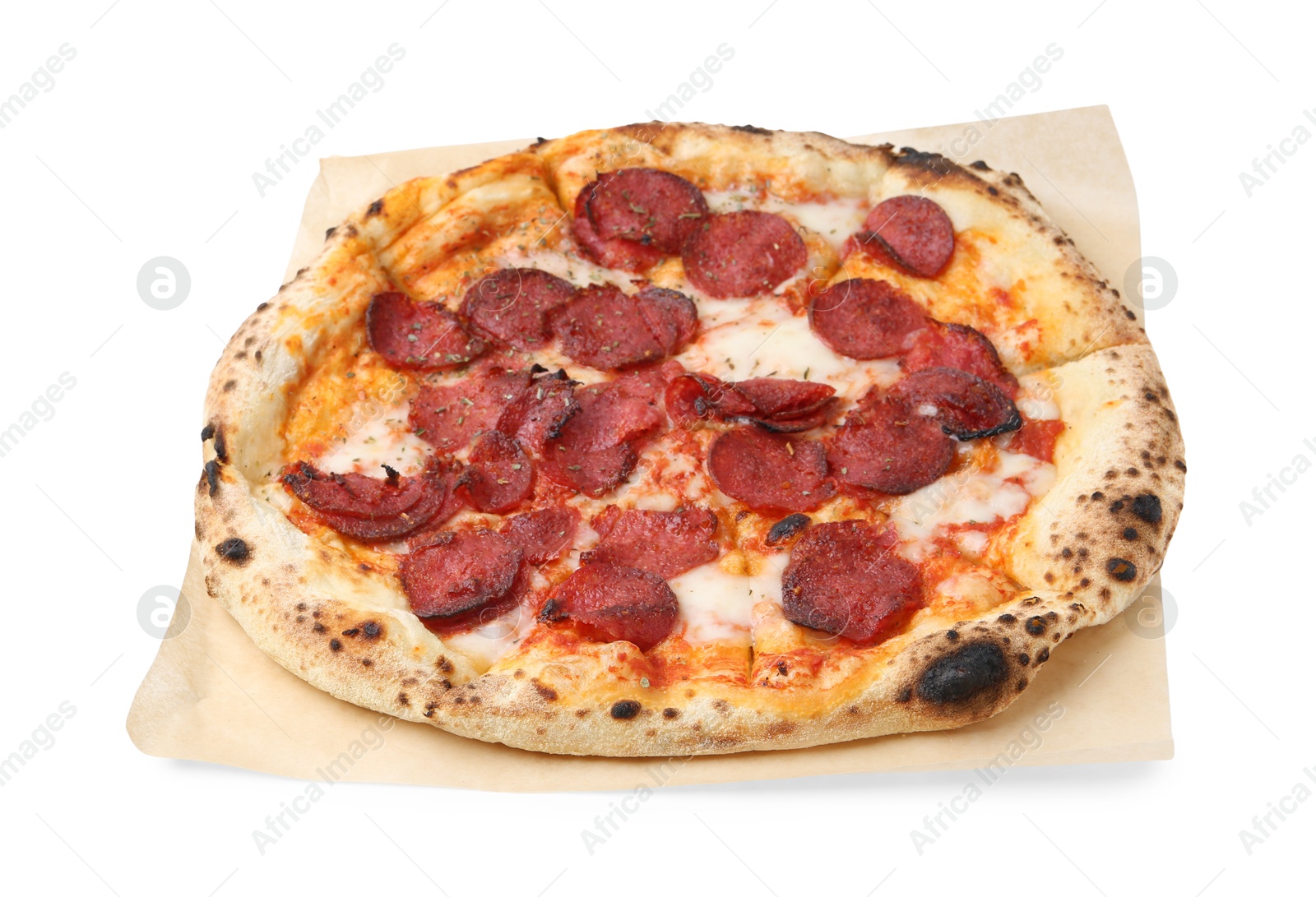 Delicious pizza with melted cheese and sausages isolated on white. Tasty fast food Photo of Delicious pizza with melted cheese and sausages isolated on white. Tasty fast food