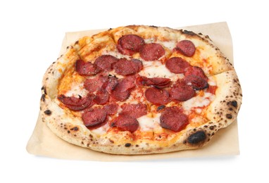 Photo of Delicious pizza with melted cheese and sausages isolated on white. Tasty fast food