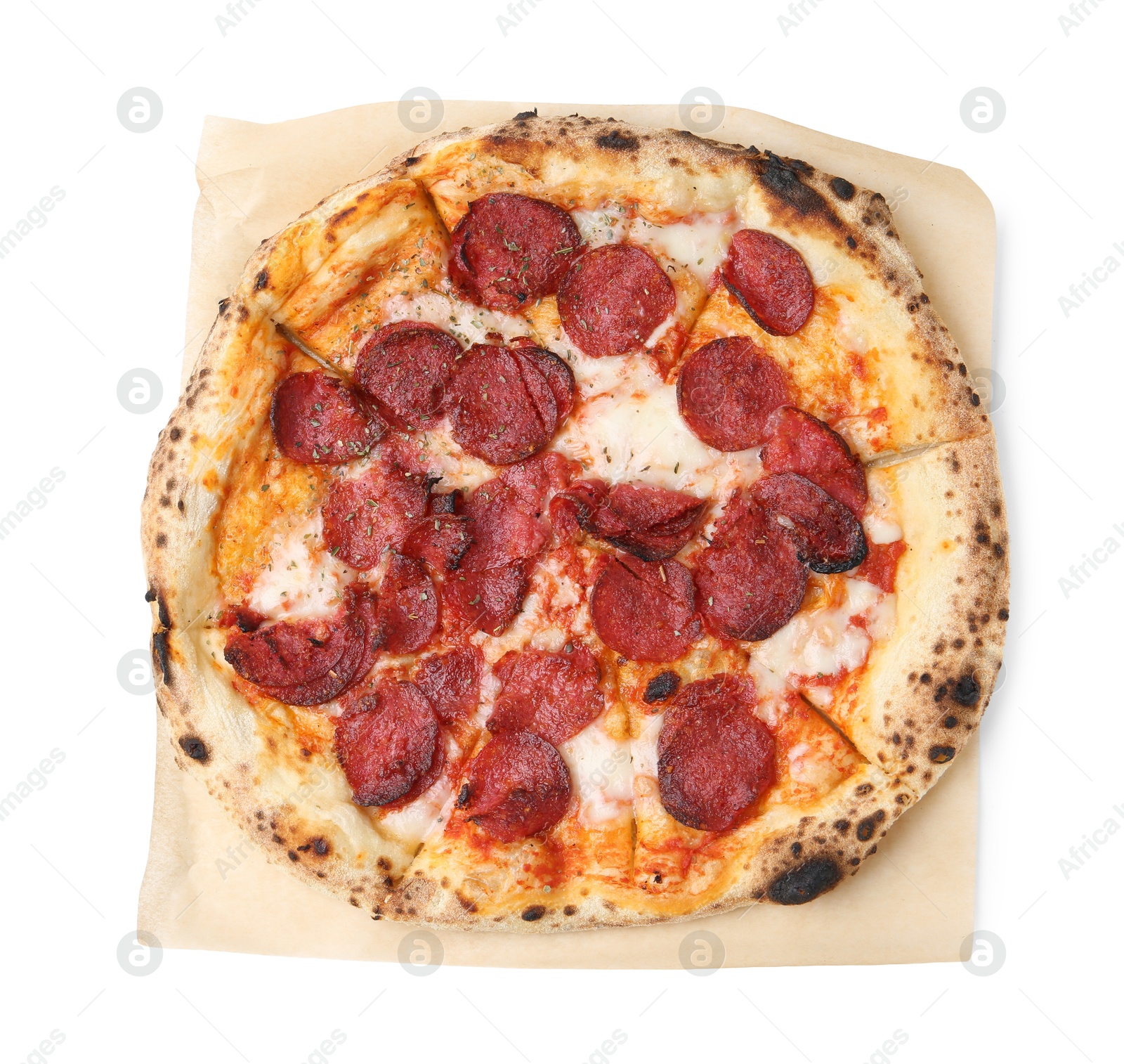 Delicious pizza with melted cheese and sausages isolated on white, top view. Tasty fast food Photo of Delicious pizza with melted cheese and sausages isolated on white, top view. Tasty fast food