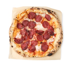 Photo of Delicious pizza with melted cheese and sausages isolated on white, top view. Tasty fast food