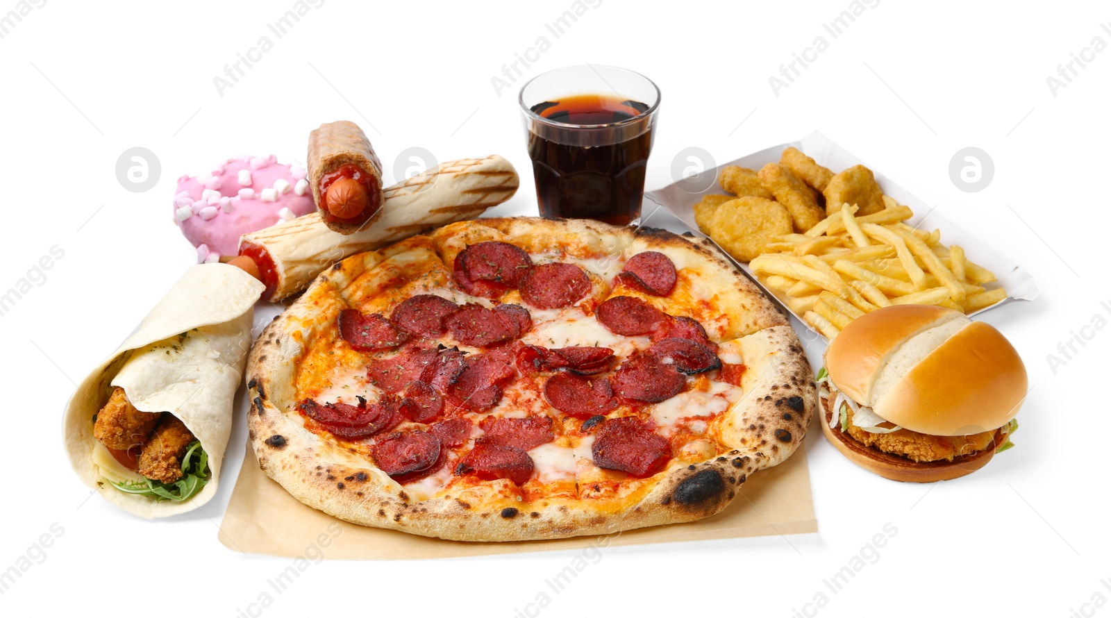 Delicious pizza, cola and other fast food isolated on white Photo of Delicious pizza, cola and other fast food isolated on white