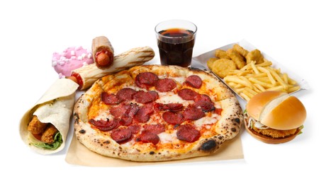 Photo of Delicious pizza, cola and other fast food isolated on white
