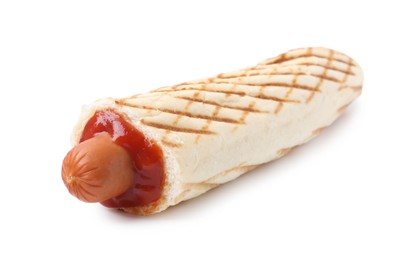 Photo of One delicious French hot dog isolated on white. Tasty fast food
