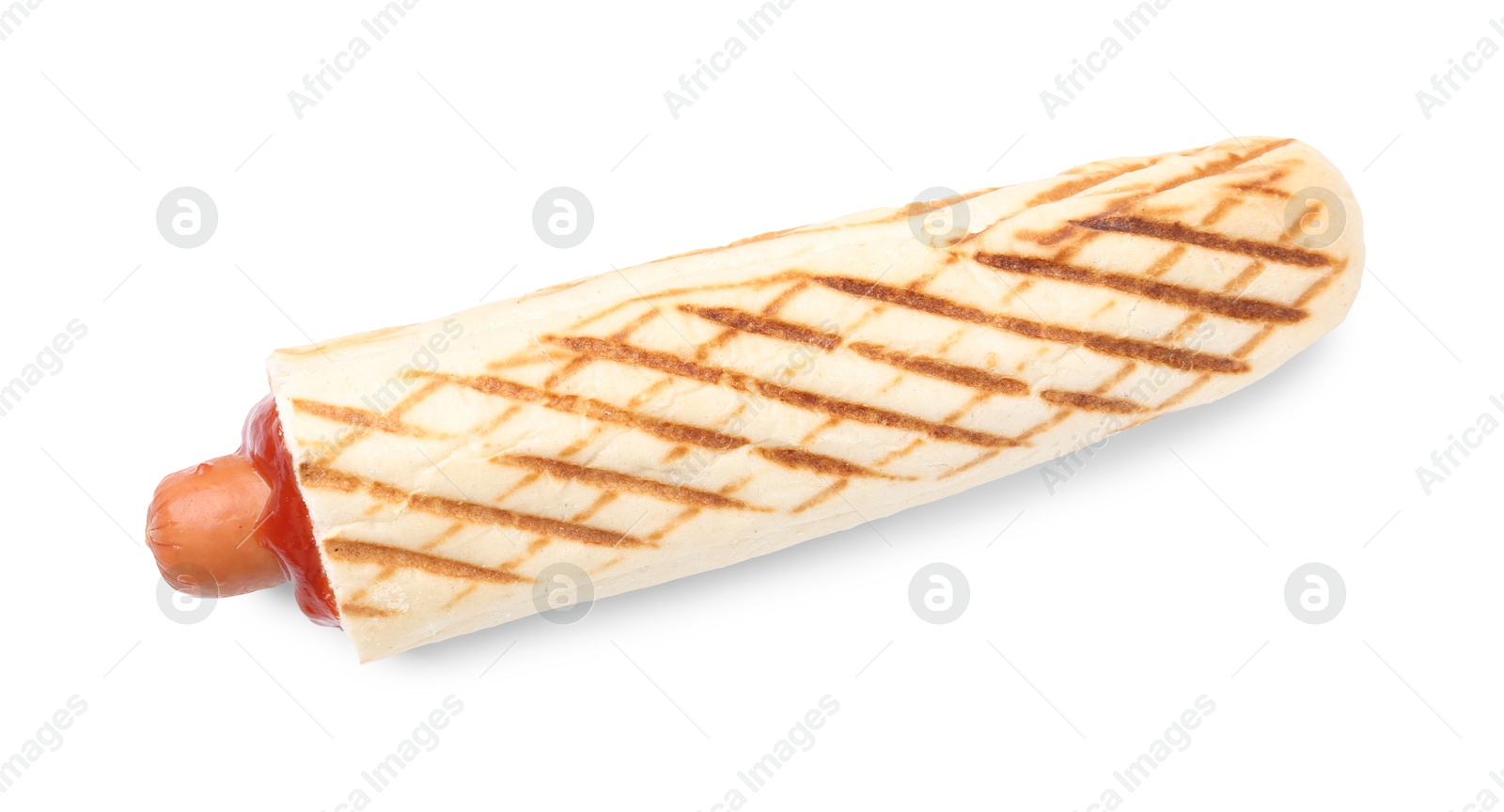 One delicious French hot dog isolated on white, top view. Tasty fast food Photo of One delicious French hot dog isolated on white, top view. Tasty fast food