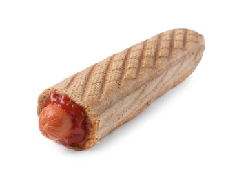 Photo of One delicious French hot dog isolated on white. Tasty fast food