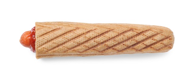 Photo of One delicious French hot dog isolated on white, top view. Tasty fast food